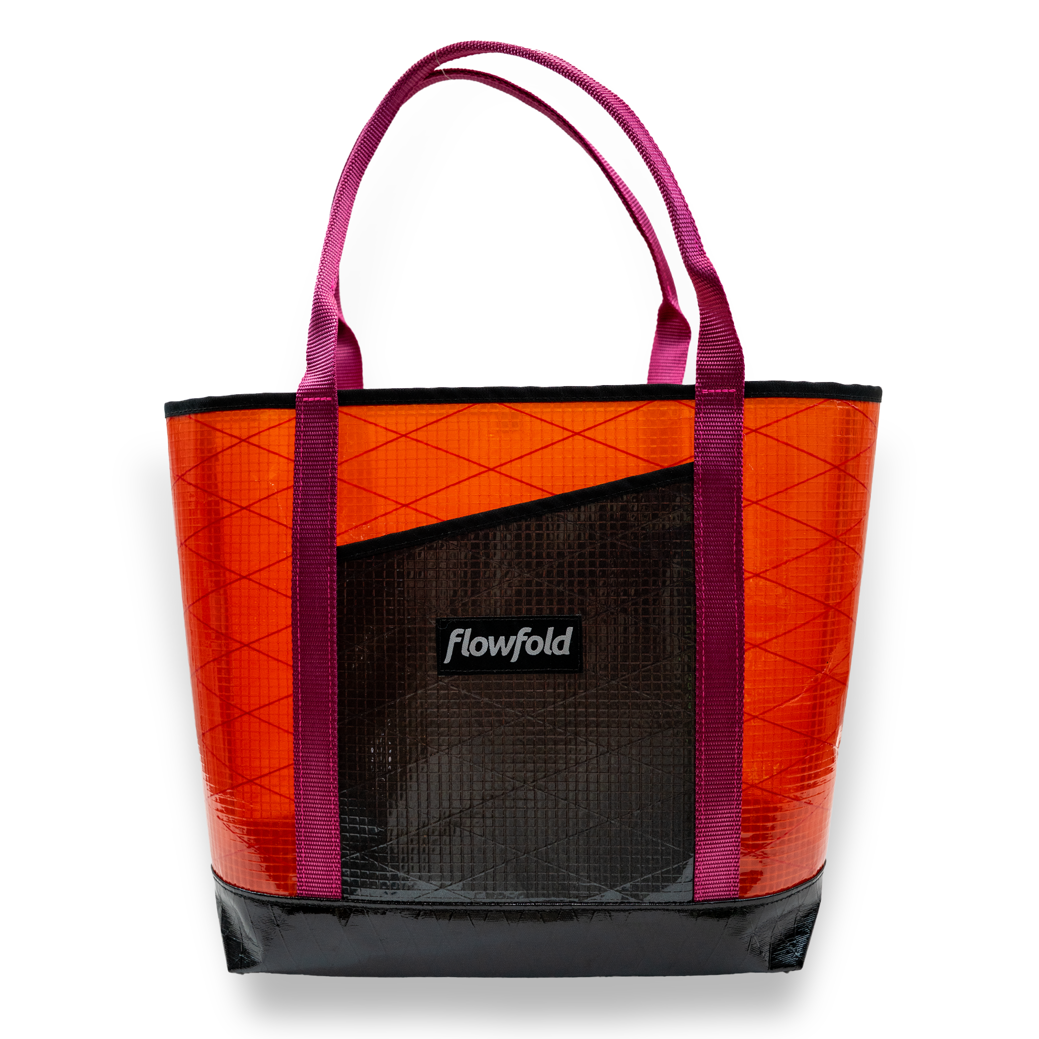 Orange and grey recycled sailcloth tote with pink handles