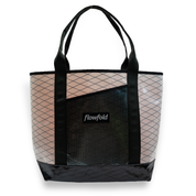 White and black recycled sailcloth tote with black handles